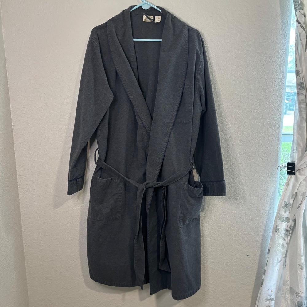LL Bean Mens Flannel Robe Charcoal Gray 100% Cotton Shawl Collar Large LG-REG
